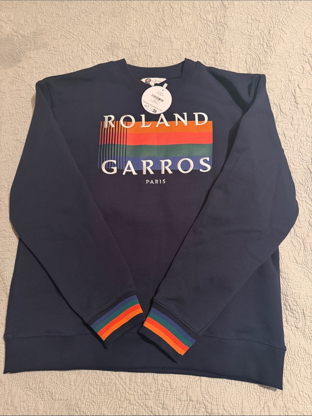 Navy Crewneck Sweatshirt with Multicolor Stripe